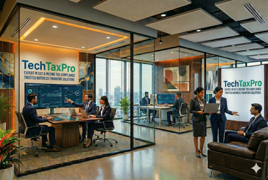 TechTaxPro corporate team analyzing financial data for GST litigation defense and strategic tax compliance in a modern Indian office.