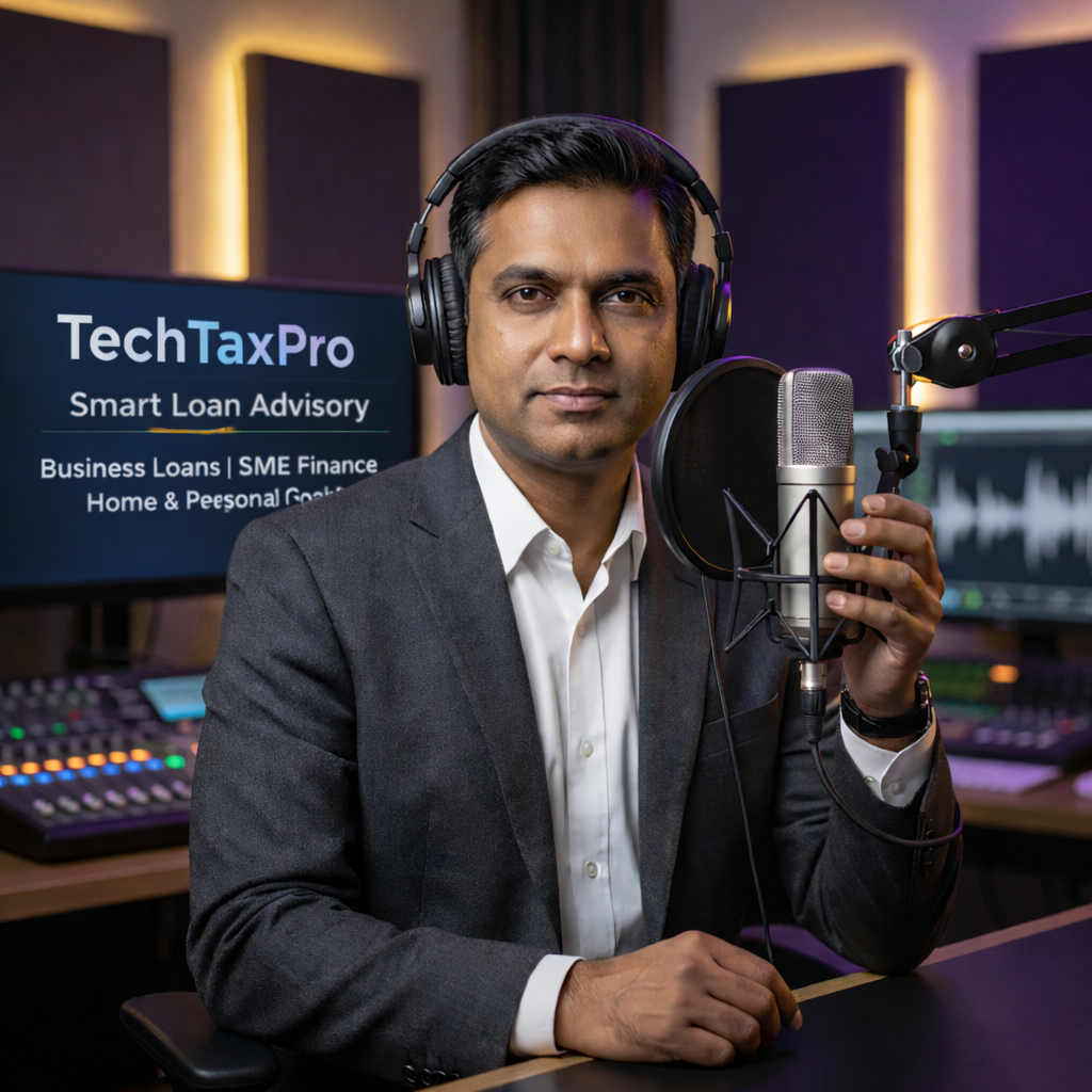TechTaxPro loan advisory expert in radio studio discussing business and working capital finance solutions